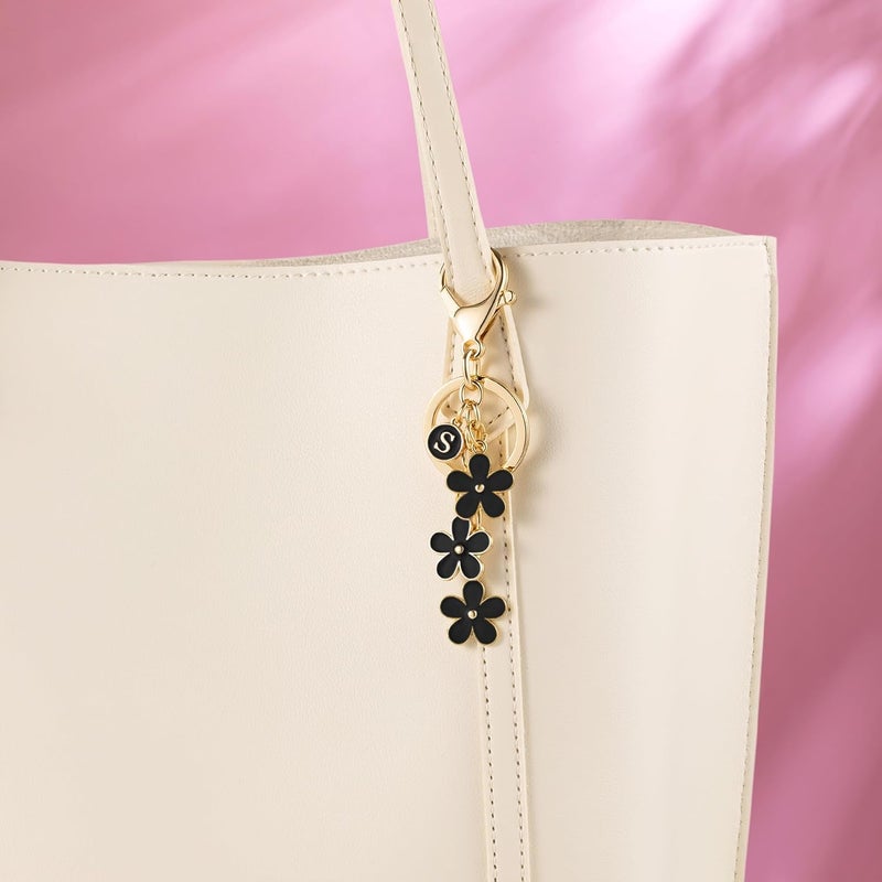 SELOVO Initial Keychain White/Pink/Black Cute Keychain Girl Purse Charms for Handbag Cute Letter Flower Keyring for Backpack - Image 1